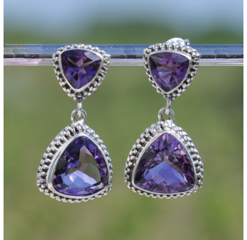 Boucles clous argent 2 pierres Améthyste (violet)