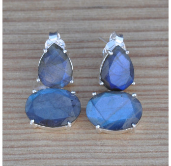 Boucles clous argent 2 pierres griffées Labradorite (bleu)