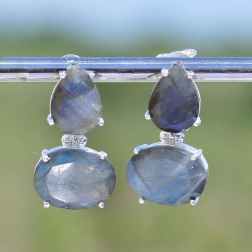 Boucles clous argent 2 pierres griffées Labradorite (bleu)