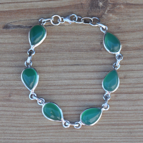 NEW ! Bracelet argent 6 pierres gouttes Agate verte (vert)