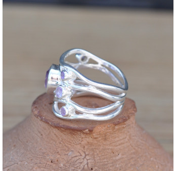 Anneau en argent ajouré 7 pierres Améthyste (violet) T54