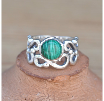 Anneau ajouré argent et pierre ronde Malachite (vert)