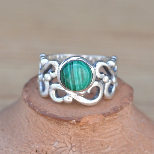 Anneau ajouré argent et pierre ronde Malachite (vert)