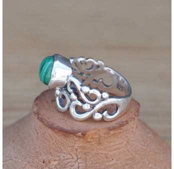 Anneau ajouré argent et pierre ronde Malachite (vert) T58