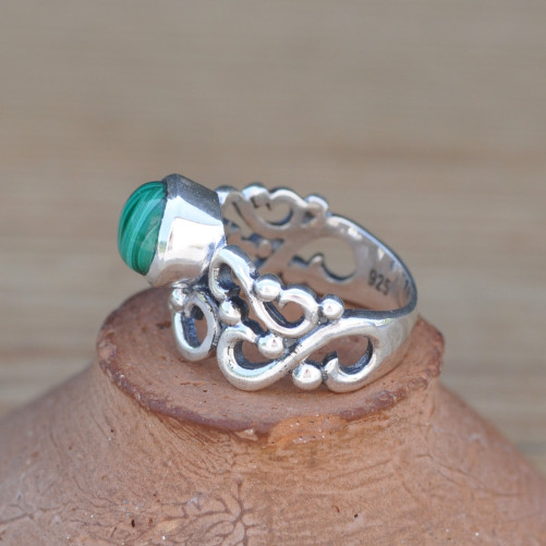 Anneau ajouré argent et pierre ronde Malachite (vert) T58