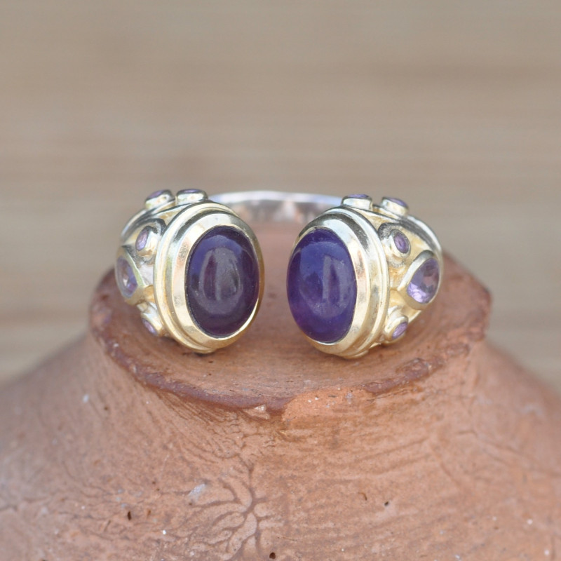 Bague ouverte argent doré et pierres Améthyste (violet)