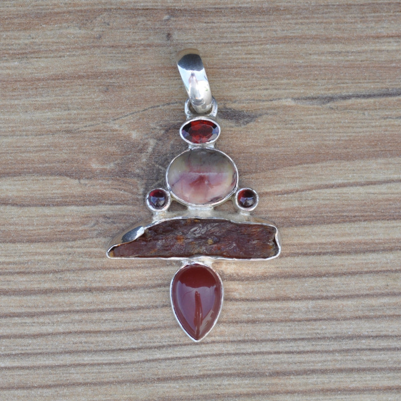 Pendentif argent et 6 pierres Jaspe Pierre de soleil et Cornaline