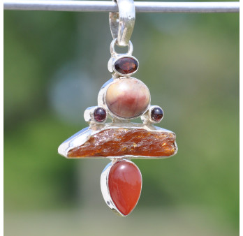 Pendentif argent et 6 pierres Jaspe Pierre de soleil et Cornaline