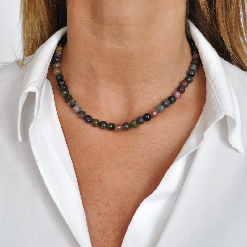 Collier pierres boules en TOURMALINE (vert) (rose)
