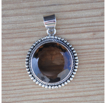NEW ! Pendentif rond argent ciselé et pierre Quartz fumé (brun)
