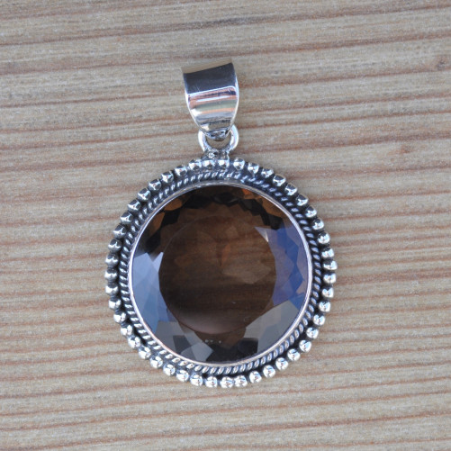 NEW ! Pendentif rond argent ciselé et pierre Quartz fumé (brun)