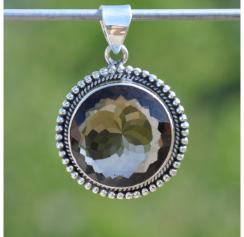 NEW ! Pendentif rond argent ciselé et pierre Quartz fumé (brun)