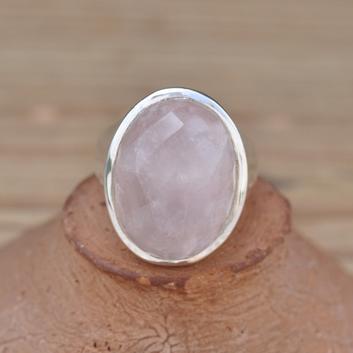 Belle chevalière argent pierre Quartz rose facettée (rose)