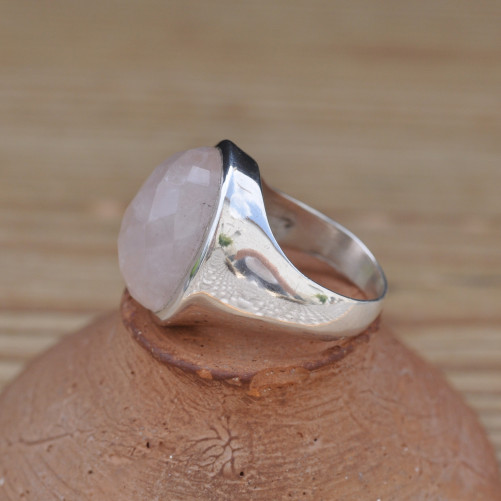 Belle chevalière argent pierre Quartz rose facettée (rose) T58