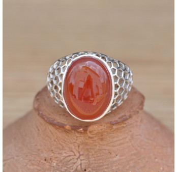 Bague mixte alvéolée en argent et pierre Cornaline (orange)