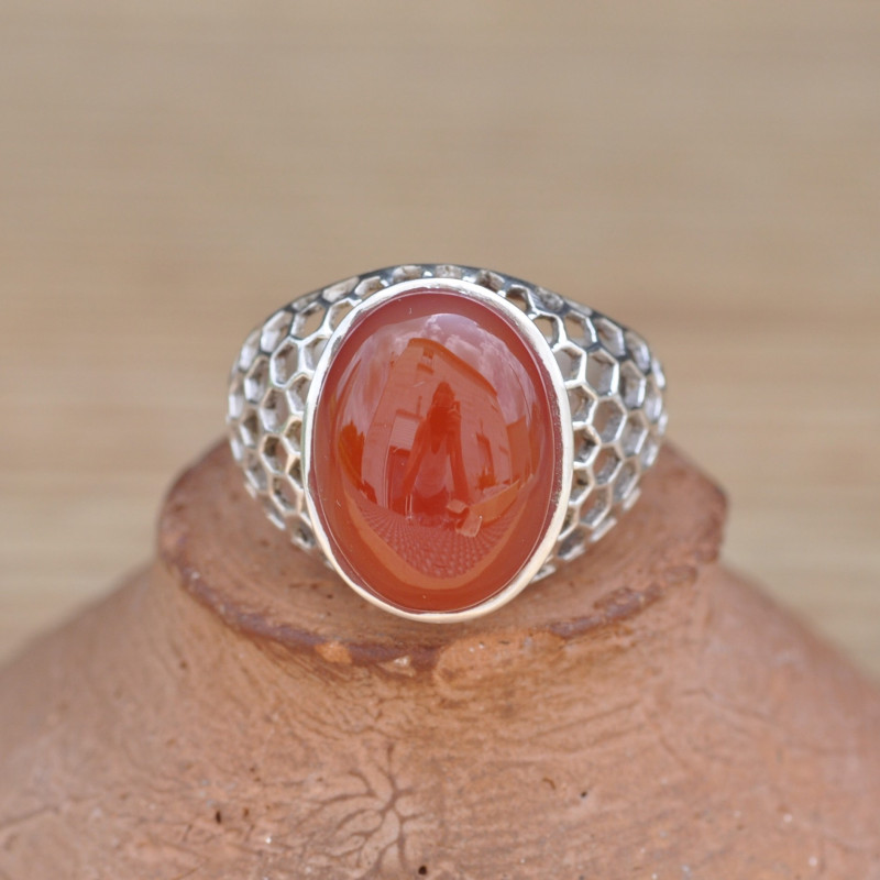 Bague mixte alvéolée en argent et pierre Cornaline (orange)