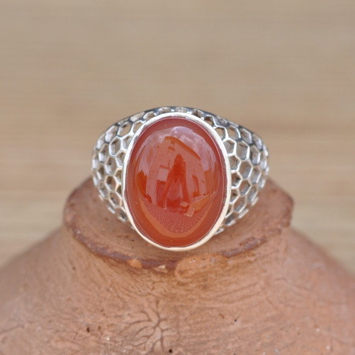Bague mixte alvéolée en argent et pierre Cornaline (orange)