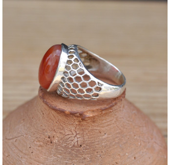 Bague mixte alvéolée en argent et pierre Cornaline (orange) T57