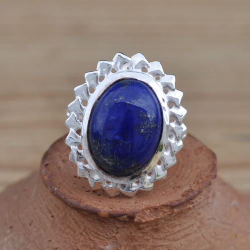 Bague argent ciselé et pierre ovale bombée Lapis lazuli (bleu)