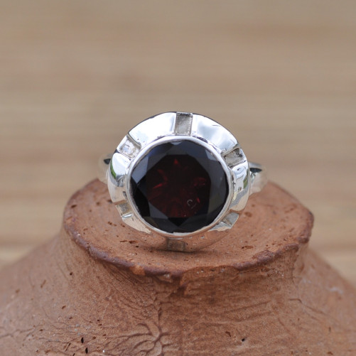 NEW ! Bague argent et pierre Grenat ronde (rouge)