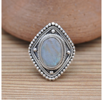 Bague losange argent et Pierre de lune irisée (blanc)