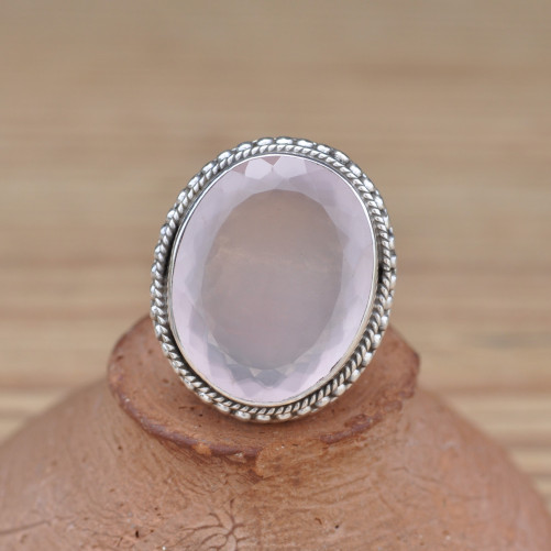Bague massive ovale argent et pierre Quartz rose (rose)