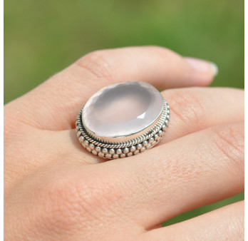 Bague massive ovale argent et pierre Quartz rose (rose) T56 réglable