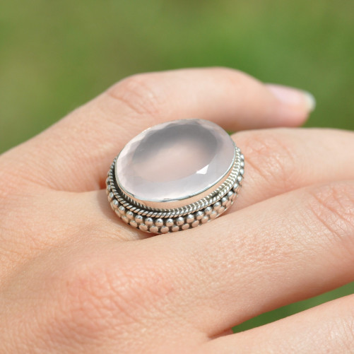 Bague massive ovale argent et pierre Quartz rose (rose) T56 réglable