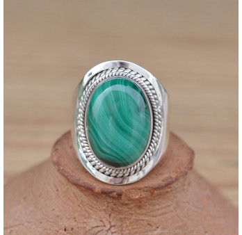 Chevalière massive argent et Malachite ovale (vert)