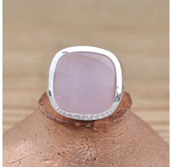 Chevalière large argent et pierre carrée Quartz rose (rose)