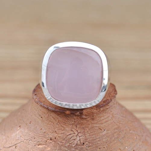 Chevalière large argent et pierre carrée Quartz rose (rose)
