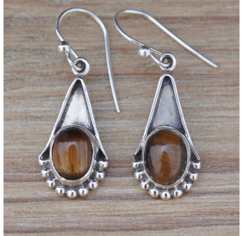 Boucles pierre Oeil de tigre ovale monture creuse en argent (brun)