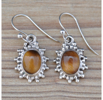 Boucles soleil en argent ciselé et pierre Oeil de tigre (marron)