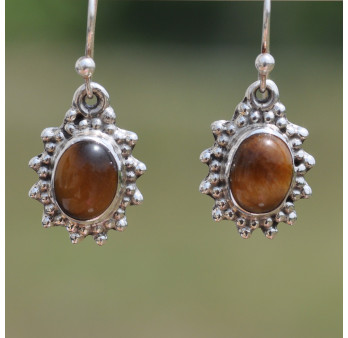 Boucles soleil en argent ciselé et pierre Oeil de tigre (marron)