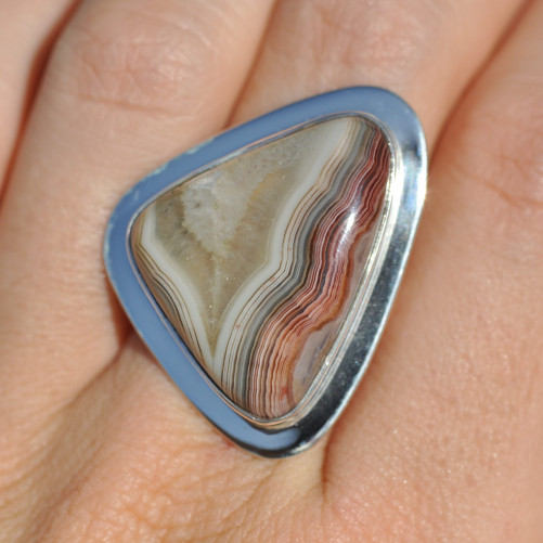 Bague triangulaire pierre Agate du Botswana et argent plat (brun) T58