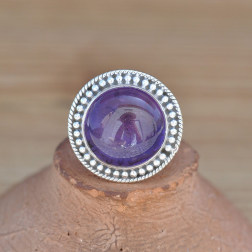 NEW ! Bague ronde en pierre Améthyste et argent ciselé (violet)