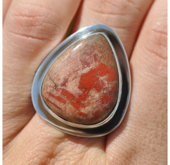Bague goutte en pierre Jaspe rouge et argent plat (rouge) T58