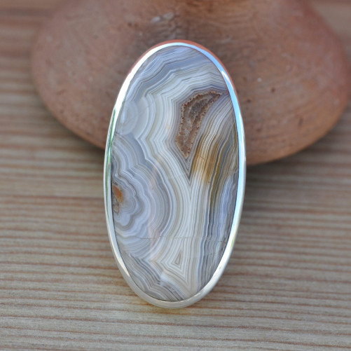 Très grosse bague ovale en argent et pierre Agate du Botswana (brun)