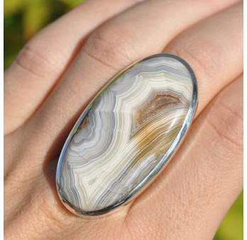 Très grosse bague ovale en argent et pierre Agate du Botswana (brun) T60