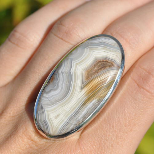 Très grosse bague ovale en argent et pierre Agate du Botswana (brun) T60
