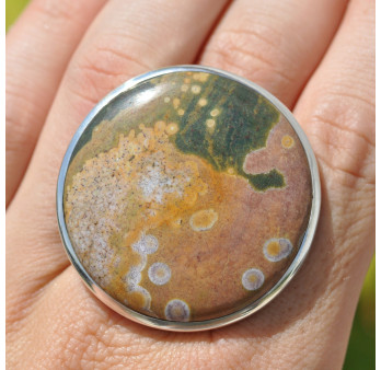 Très grosse bague ronde en Jaspe océan et argent (vert) (parme) T60