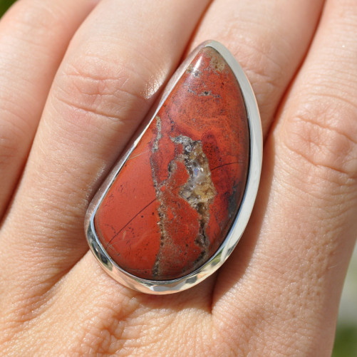 Grosse bague unique pierre Jaspe rouge et argent (rouge) T56