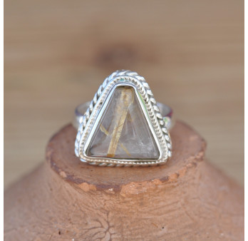 Petite bague triangulaire pierre Quartz rutile argent torsadé (doré)