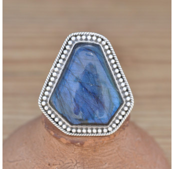 NEW ! Grosse bague pierre Labradorite et argent ciselé (bleu)