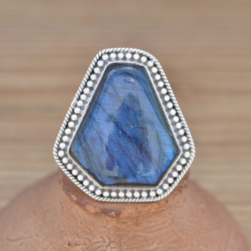 NEW ! Grosse bague pierre Labradorite et argent ciselé (bleu)