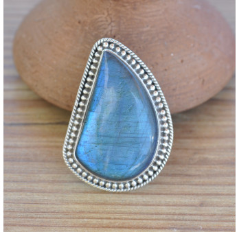 NEW ! Grosse bague en pierre Labradorite et argent ciselé (bleu)
