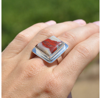 Bague en argent plat et pierre Jaspe rouge (rouge) T55
