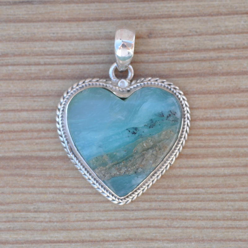 Pendentif coeur argent torsadé et pierre Opaline (bleu) Pendentif coeur argent torsadé et pierre Opaline (bleu)