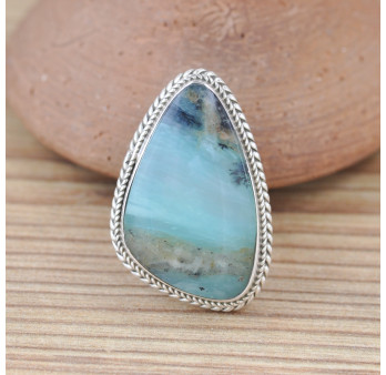 Bague en pierre OPALINE et argent torsadé (bleu)