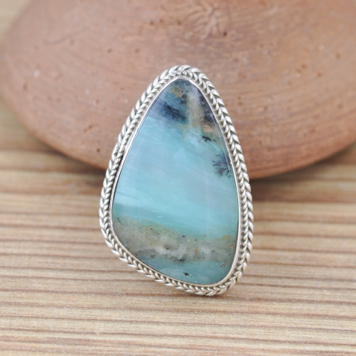 Bague en pierre OPALINE et argent torsadé (bleu)
